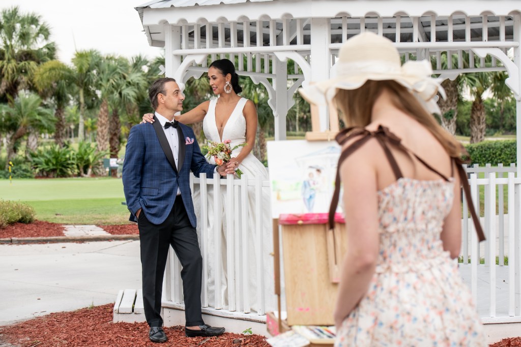 Palm Beach country club wedding venue with outdoor ceremony, bride and posing for photos in designer wedding dress and cocktail attire
