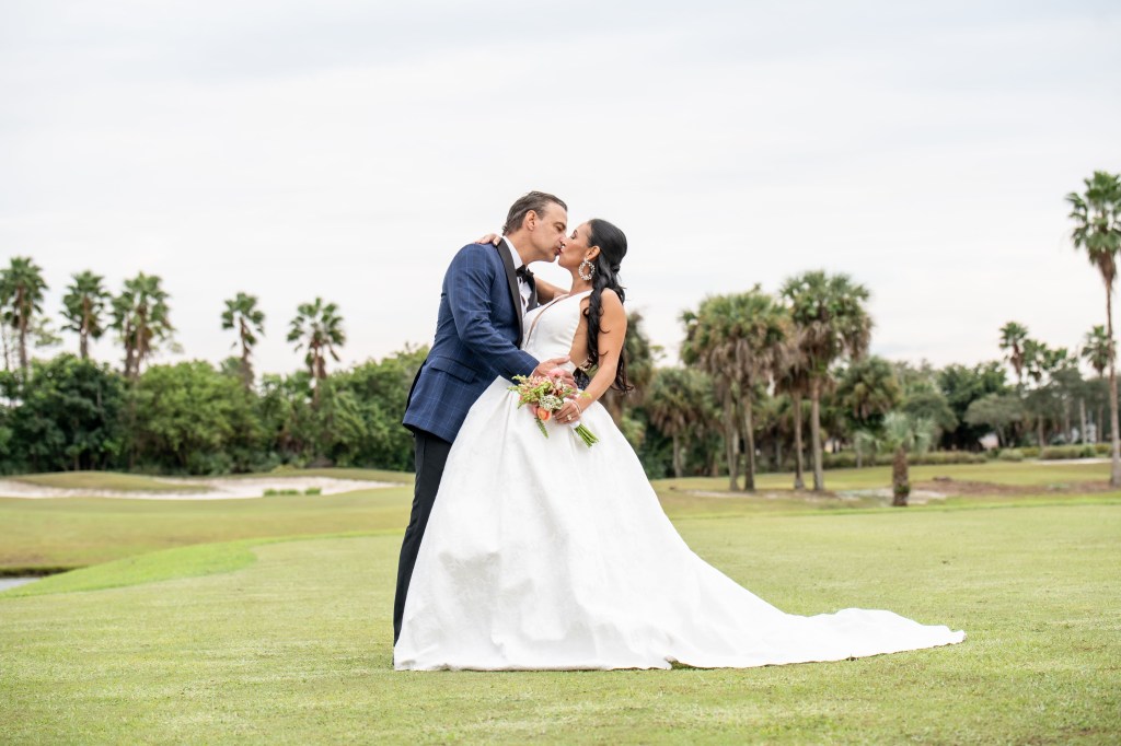 Palm Beach country club wedding venue with outdoor ceremony, bride and posing for photos in designer wedding dress and cocktail attire